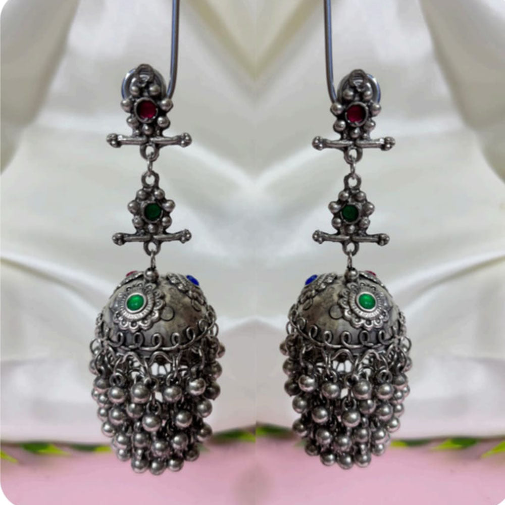 Oxidised Jhumka Earrings with Pota Stone and Pearl
